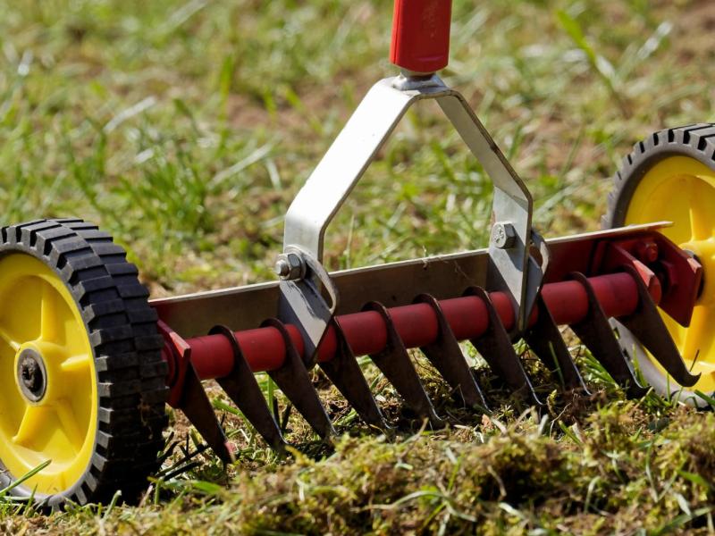 Vertikutierer steht auf dem Rasen.