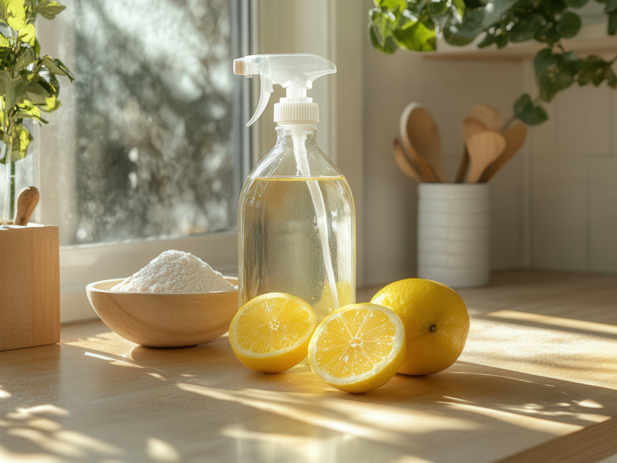 Auf einer Anrichte liegen aufgeschnittene Zitronen, Salz und eine Spr&uuml;hflasche