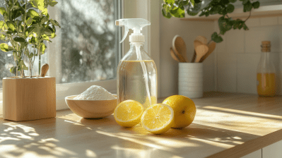 Das sind die wirksamsten Hausmittel im Haushalt Auf einer Anrichte liegen aufgeschnittene Zitronen, Salz und eine Sprühflasche