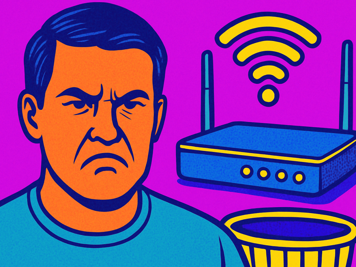 Pop Art Bild eines ver&auml;rgerten Mannes, dahinter ein WLAN Router