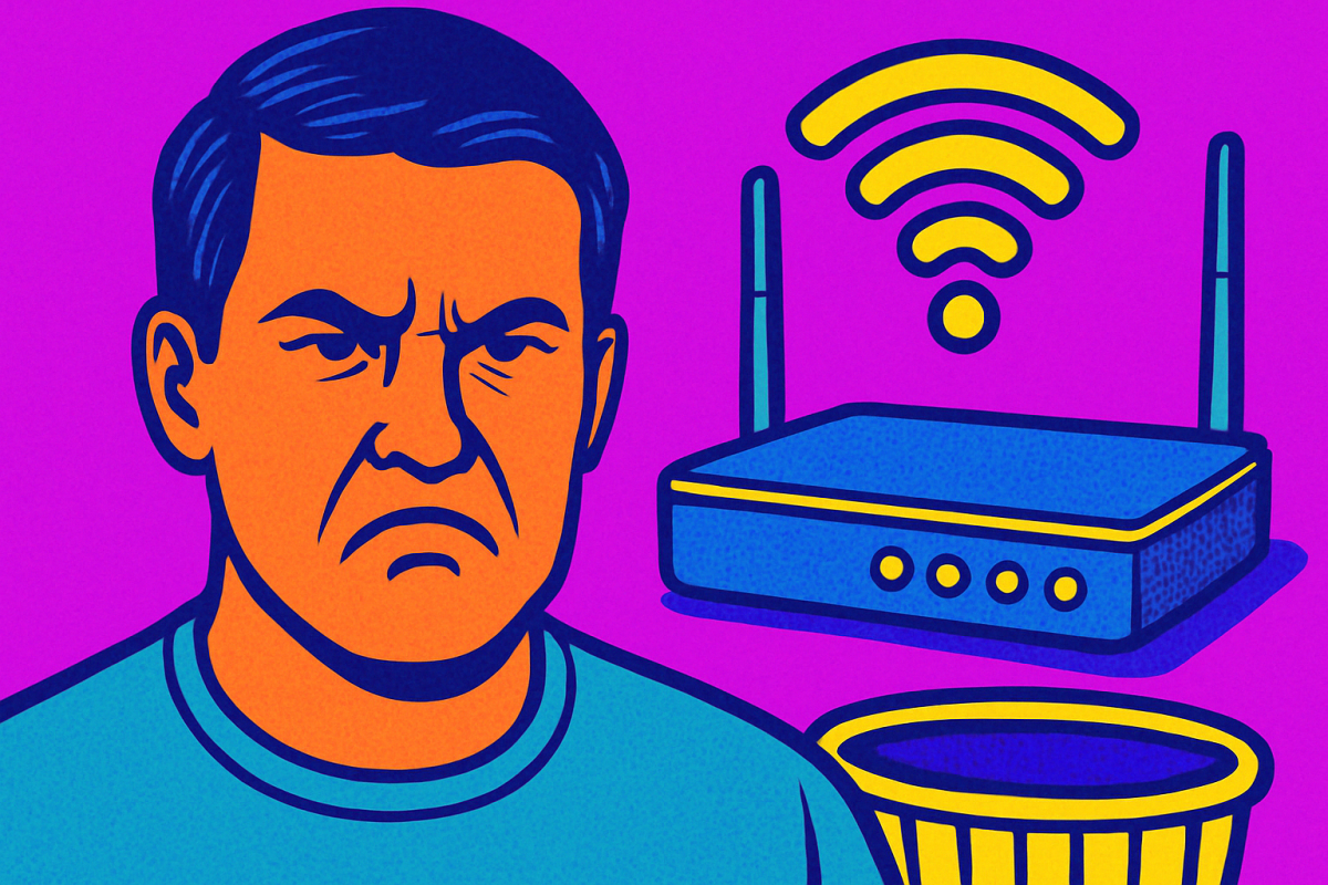 Pop Art Bild eines verärgerten Mannes, dahinter ein WLAN Router