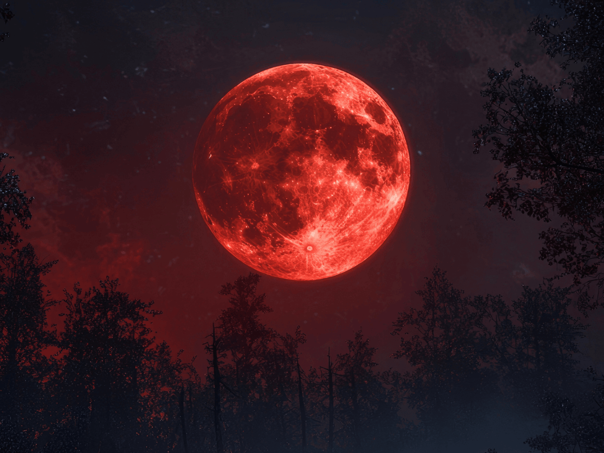 Rot gefärbter Vollmond an Nachthimmel.