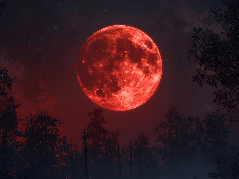 Rot gefärbter Vollmond an Nachthimmel.