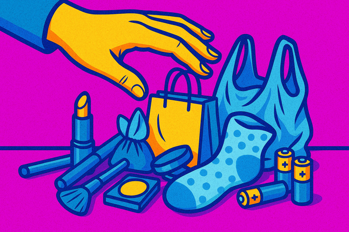 Pop Art Bild einer Hand vor einer chaotischen Sammlung von Batterien, Tüten, Socke und Make-up