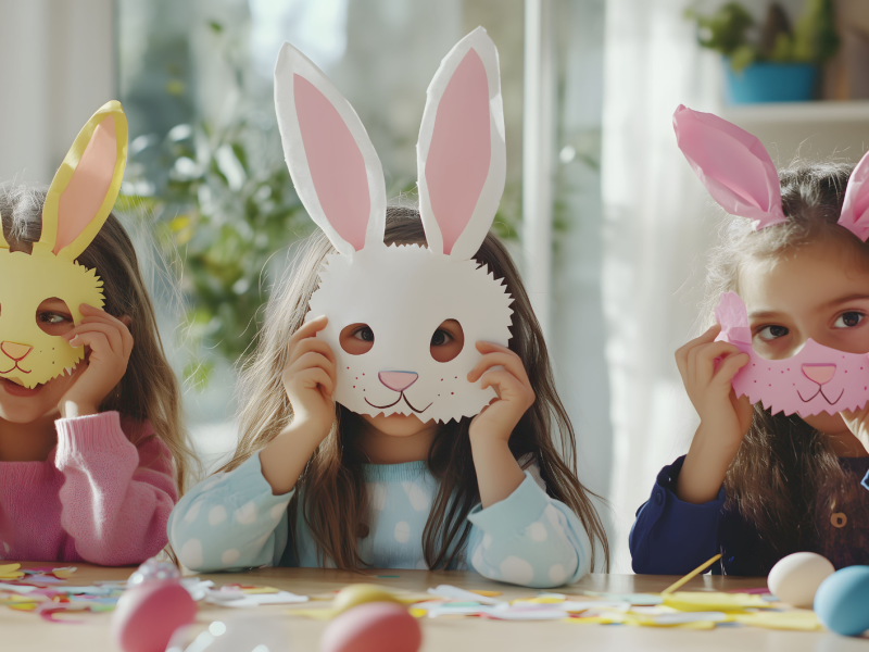 3 Mädchen, etwa 5 Jahre, sitzen am Tisch und halten sich Osterhasen-Masken vor das Gesicht