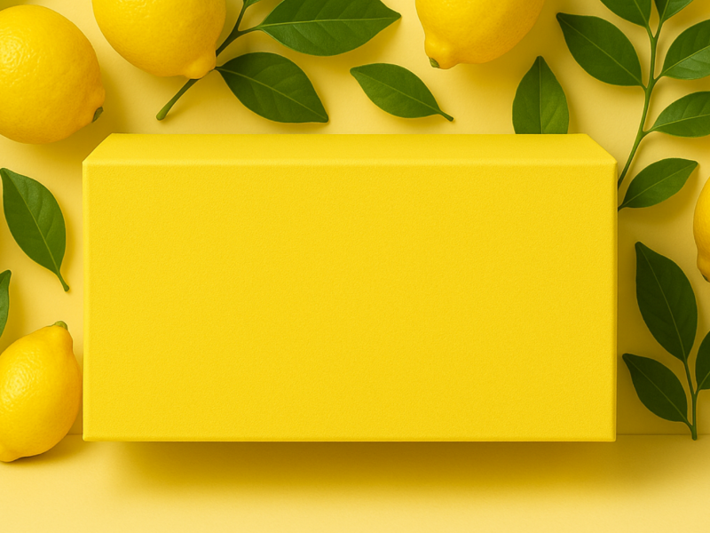 Gelber Schuhkarton mit Zitronen umgeben.