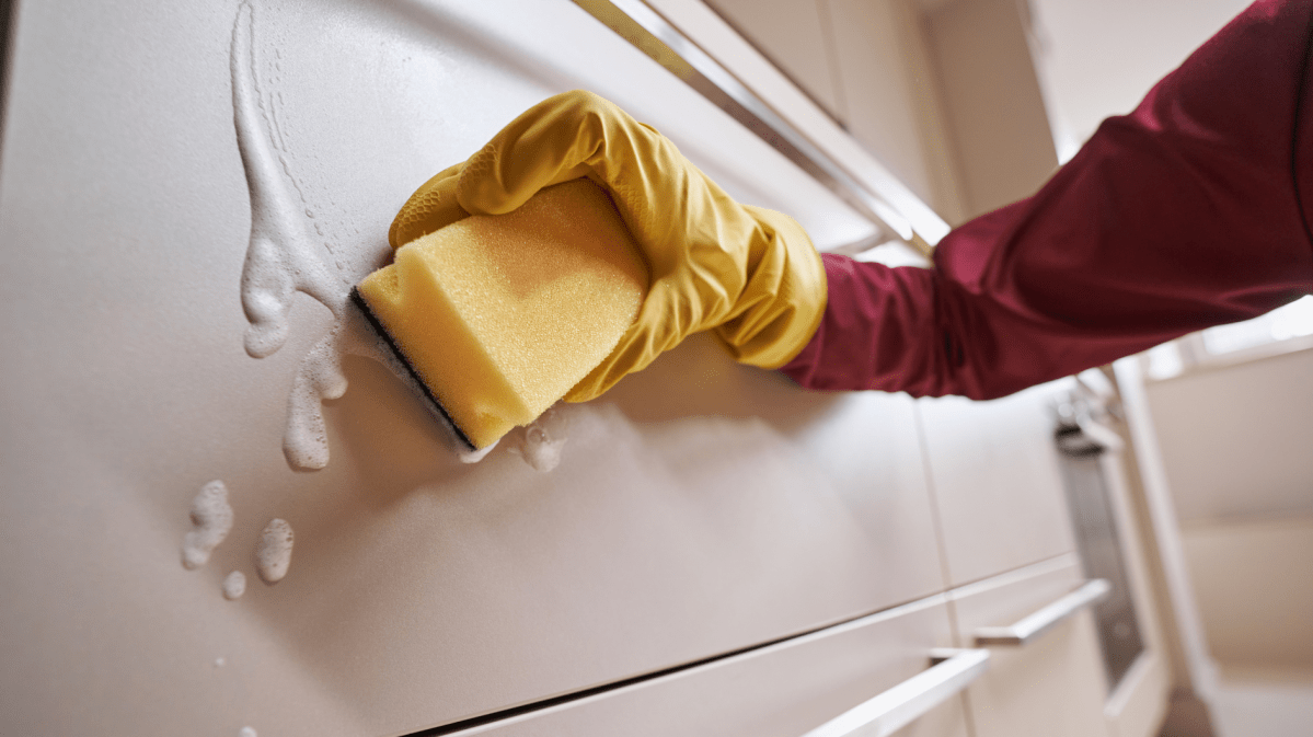 Küchenfronten werden mit einem Schwamm sauber gemacht