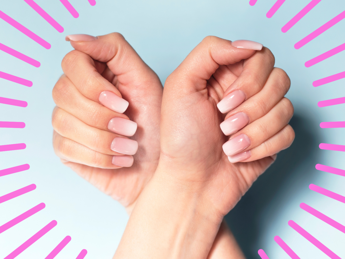 Hände mit Babyboomer Nägel mit pinken Strahlen außen herum