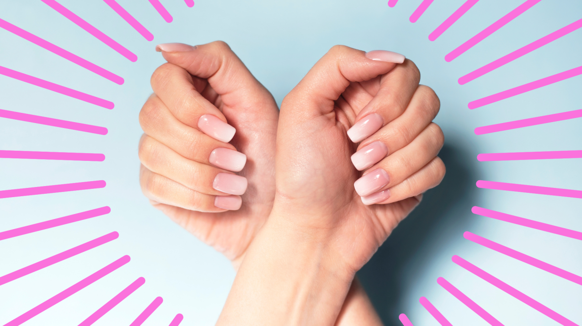 Hände mit Babyboomer Nägel mit pinken Strahlen außen herum