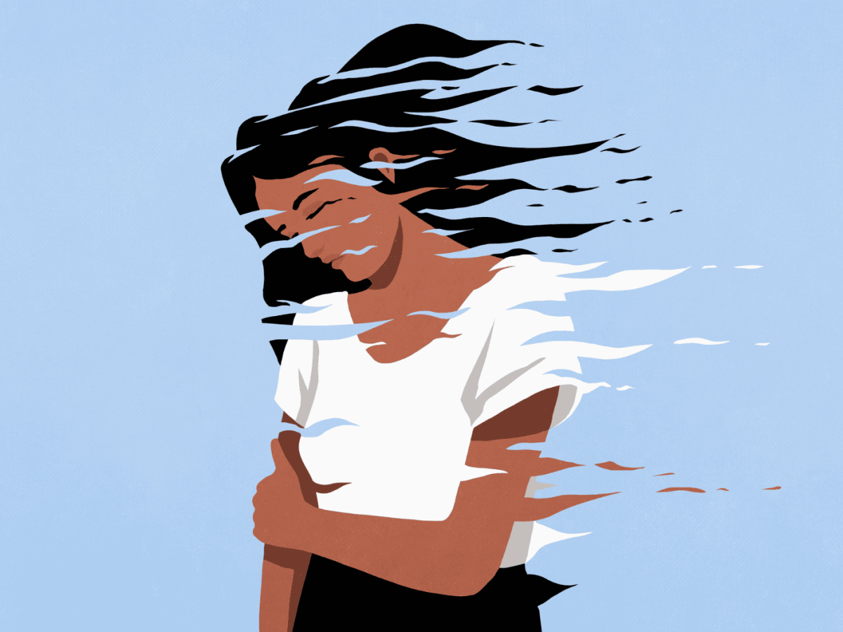 Illustration einer Frau die sich frustriert und mit gesenktem Kopf am Arm h&auml;lt