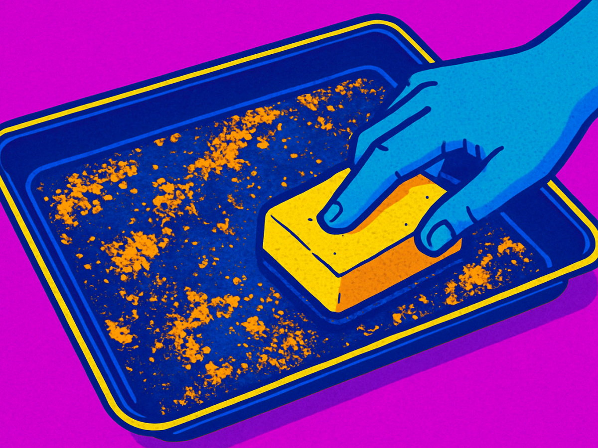 Pop Art Bild eines dreckigen Backblechs, das von Hand mit Schwamm gereinigt wird