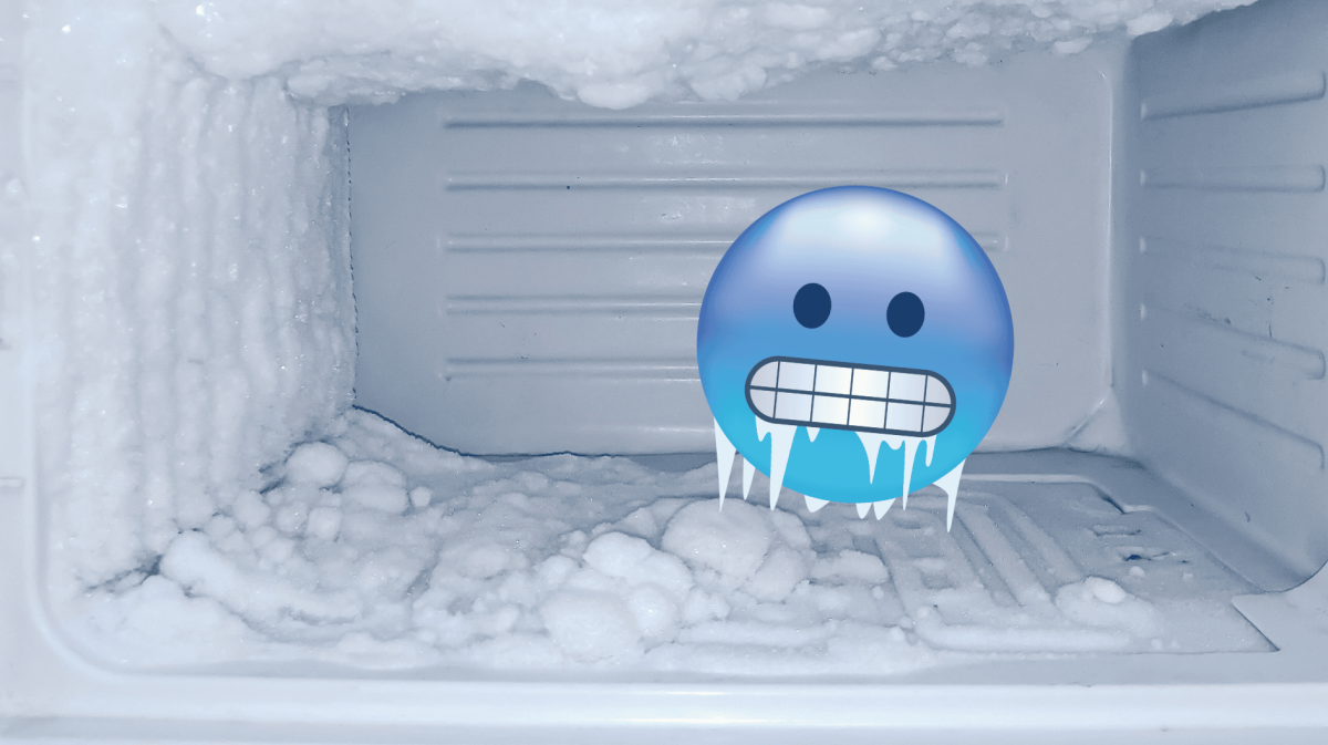 Vereistes Gefrierfach und ein frierendes Emoji.