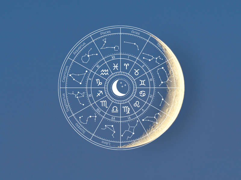 Sternzeichen Elemente vor einer Mond-Sichel.