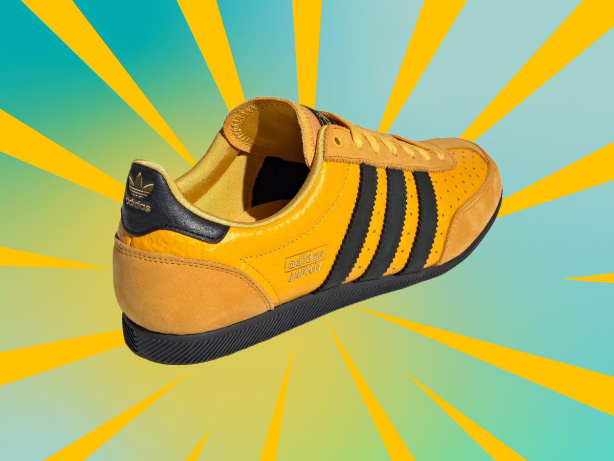 Trend Sneakere Japan von Adidas vor grünem Hintergrund mit gelben Strahlen