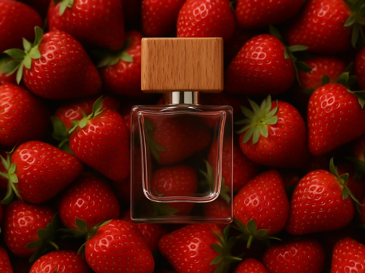 Parfum Flakon inmitten von Erdbeeren