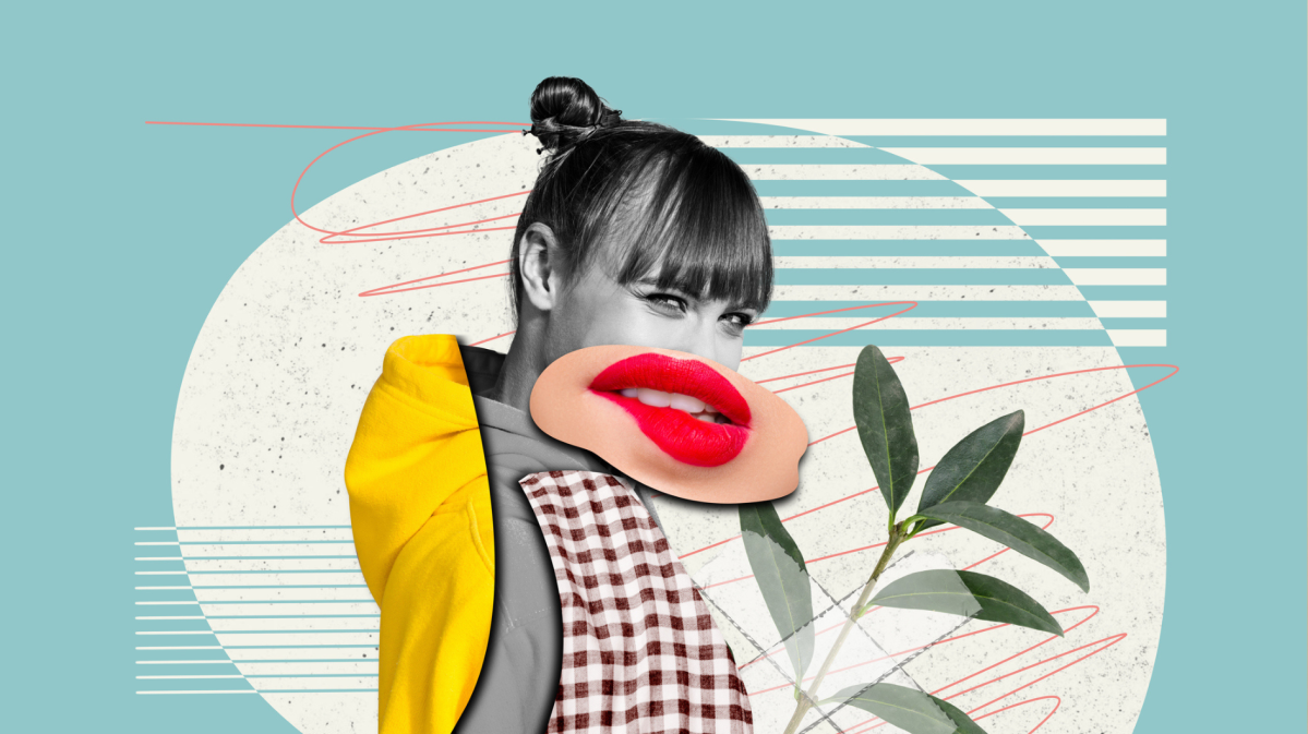 Collage mit einer Frau und einem großen Mund und einer Pflanze