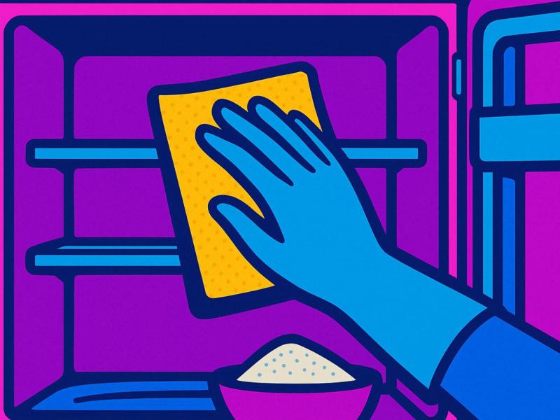 KI-generiertes Comic-Bild, auf dem eine Hand einen Kühlschrank sauber macht.