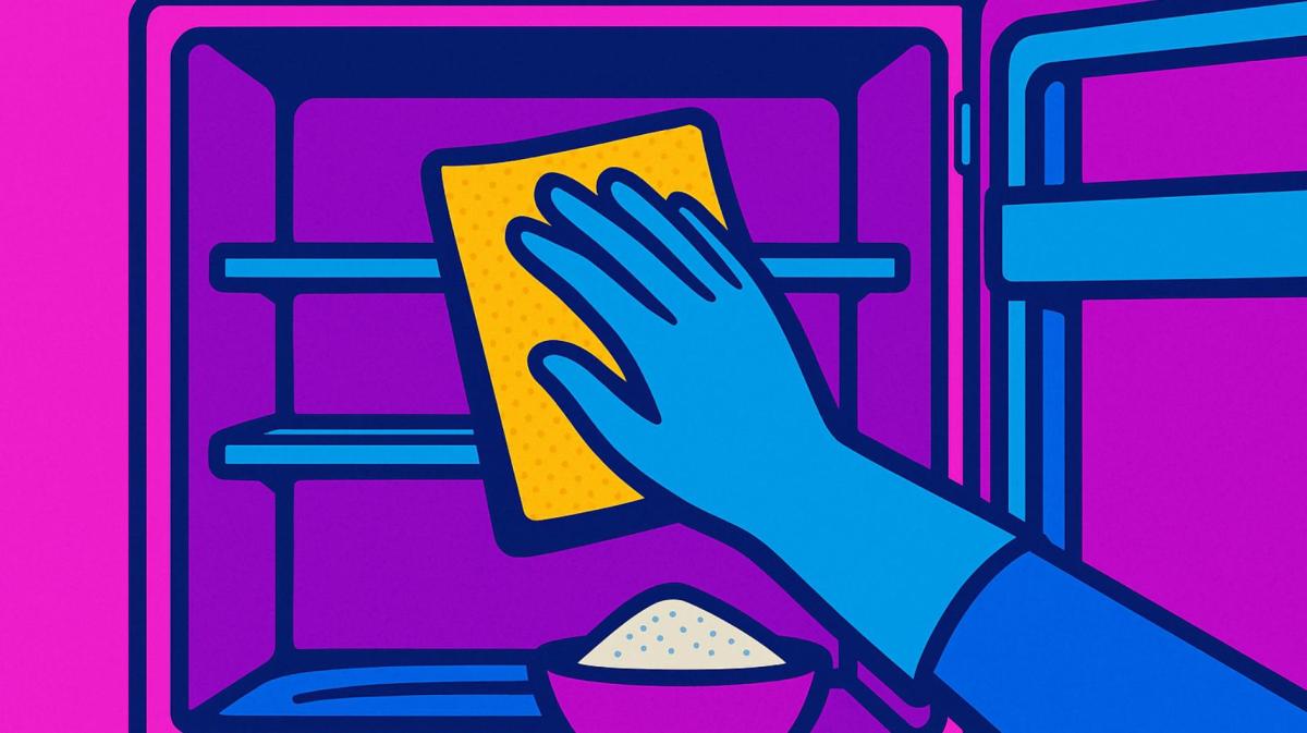 KI-generiertes Comic-Bild, auf dem eine Hand einen Kühlschrank sauber macht.