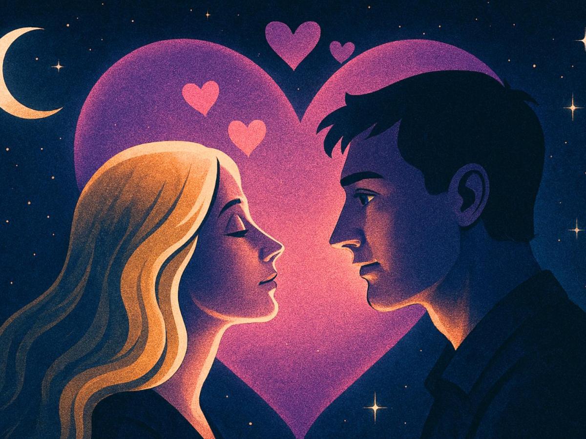 Junge Frau mit langen blonden Haaren und junger Mann mit dunklem Haar blicken sich vor Herz und Sternenhimmel vertr&auml;umt an.