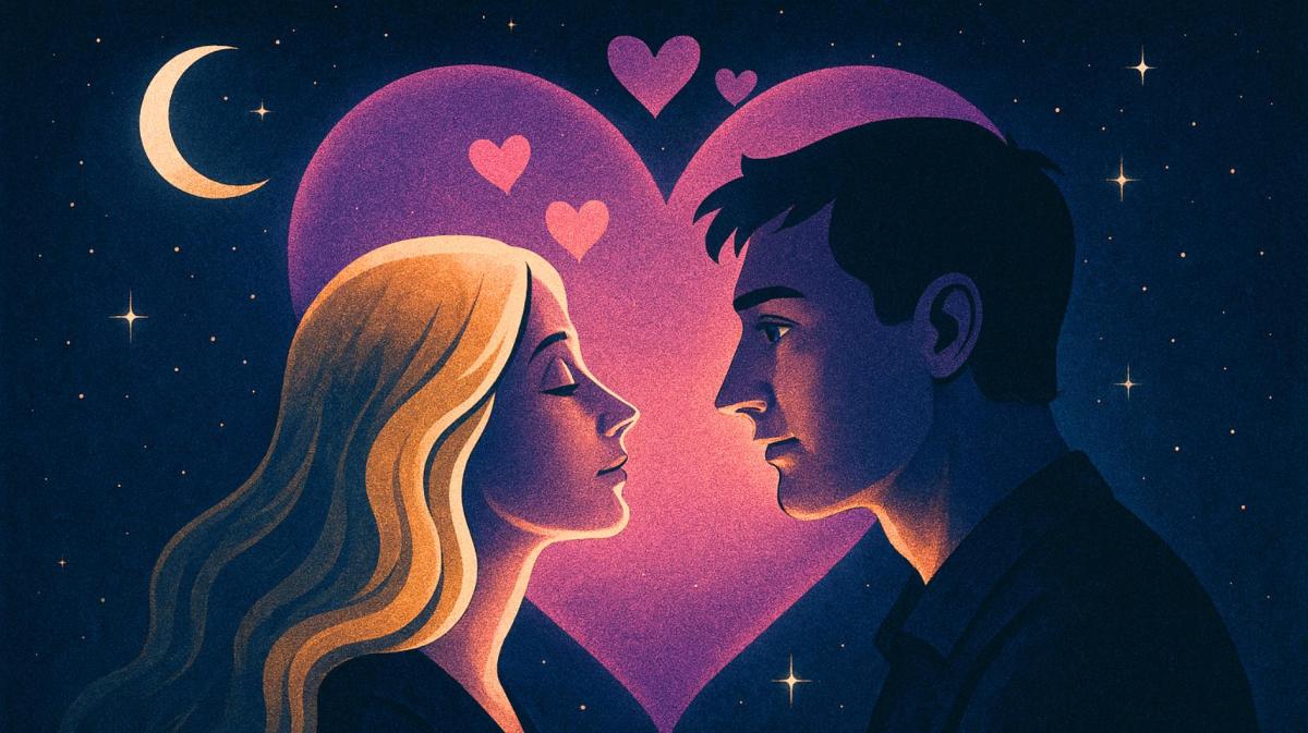 Junge Frau mit langen blonden Haaren und junger Mann mit dunklem Haar blicken sich vor Herz und Sternenhimmel verträumt an.