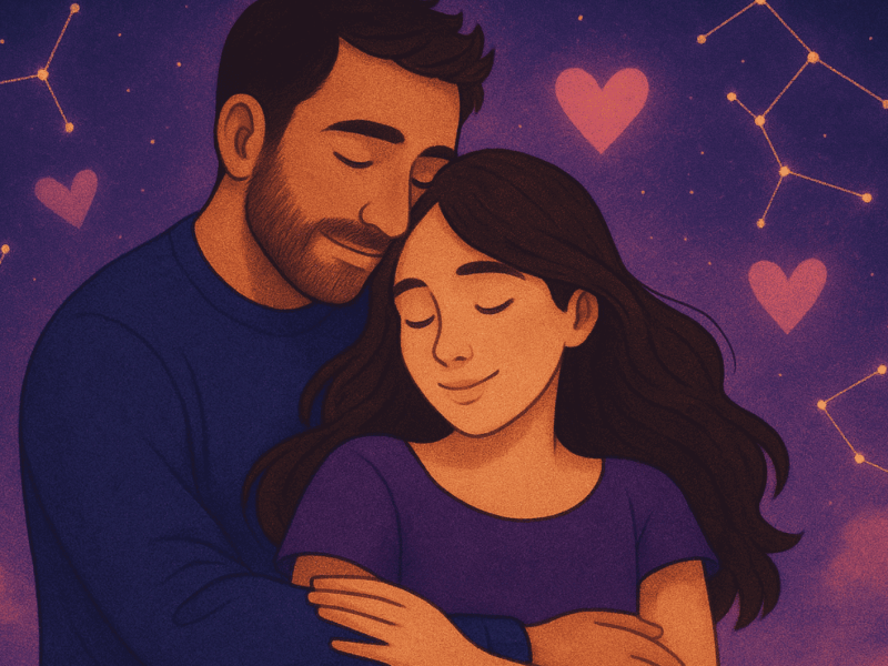 Illustriertes Bild von Mann und Frau die sich liebevoll umarmen umgeben, von Herzen und Sternbildern