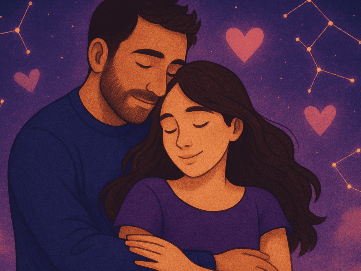 Illustriertes Bild von Mann und Frau die sich liebevoll umarmen umgeben, von Herzen und Sternbildern