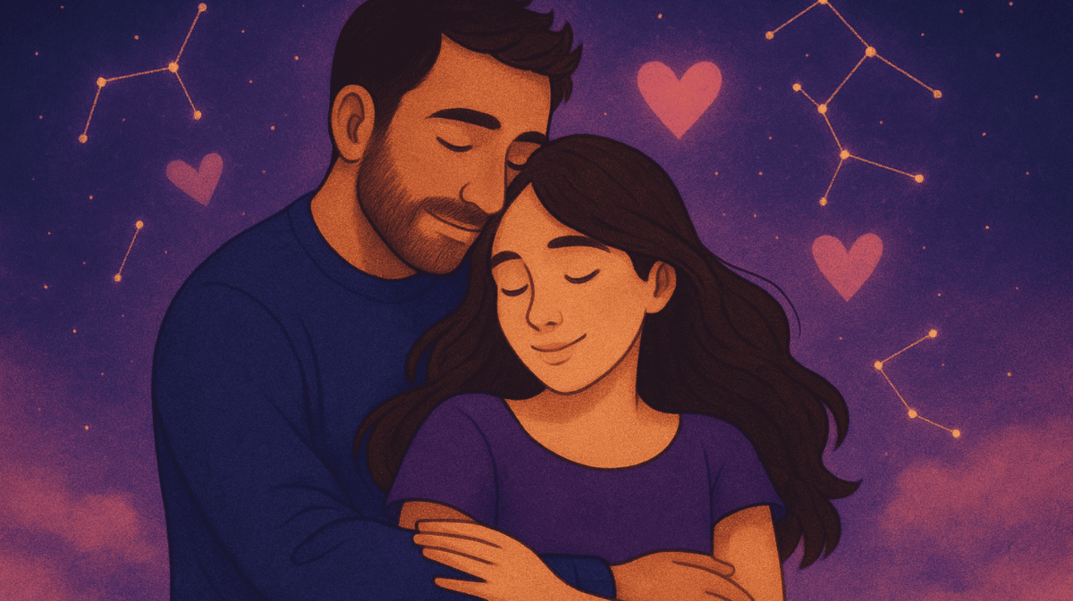 Illustriertes Bild von Mann und Frau die sich liebevoll umarmen umgeben, von Herzen und Sternbildern