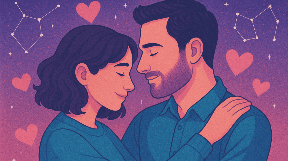 Illustriertes Bild von Mann und Frau mit Herzen und Sternbildern im Hintergrund