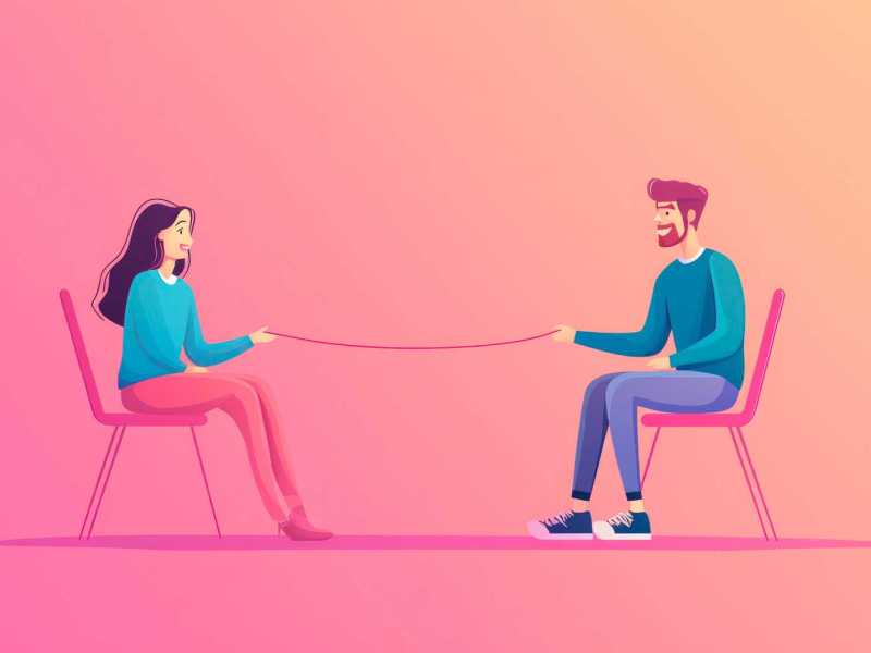 Paar, verbunden durch eine dünne rote Linie, sitzt auf Stühlen.