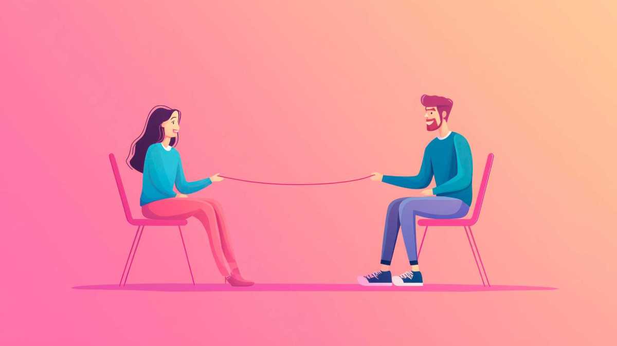 Paar, verbunden durch eine dünne rote Linie, sitzt auf Stühlen.