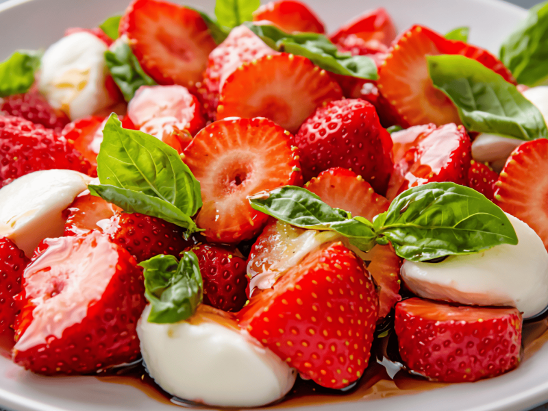 Erdbeer-Caprese Salat mit Basilikum auf weißem Teller.