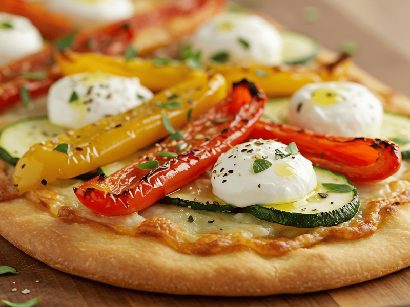 Fladenbrot-Pizza mit Zucchini, Paprika und Käse auf einem Holzbrett.