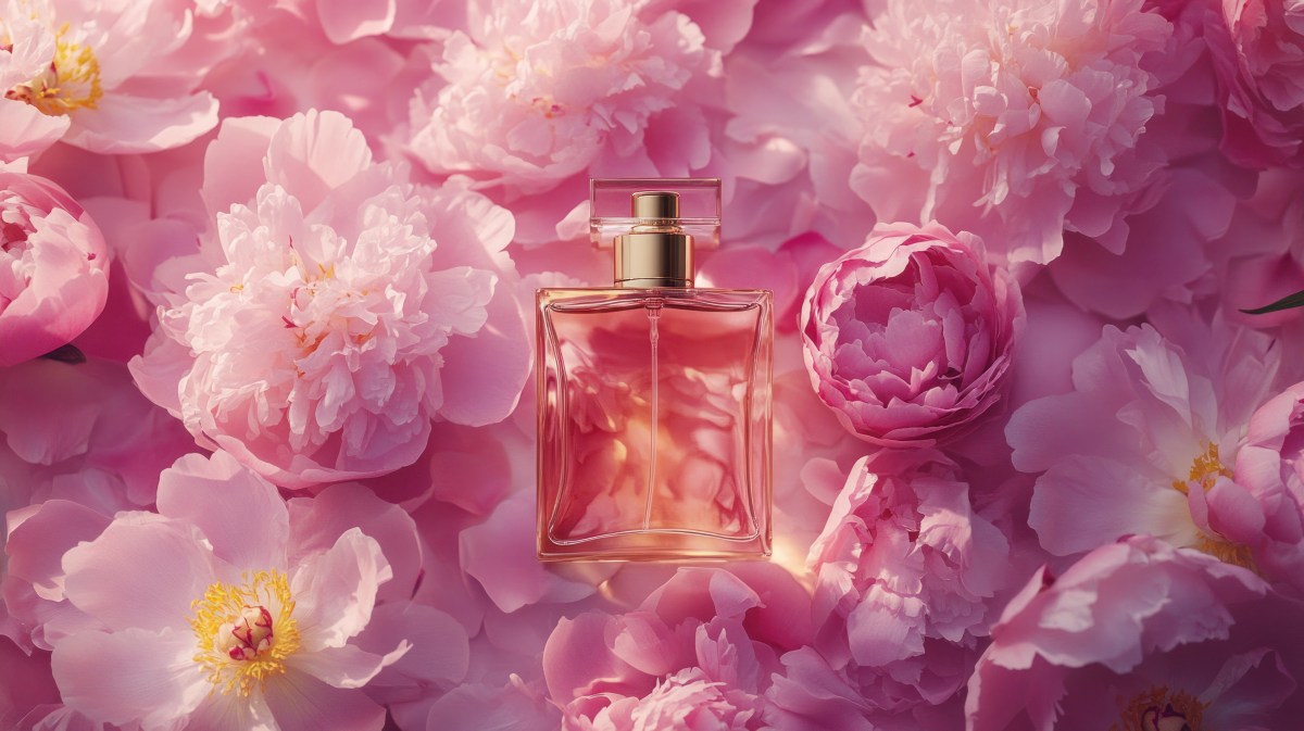 Parfum auf rosa Pfingstrosen