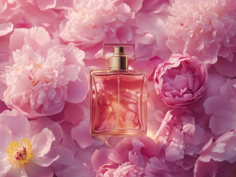 Parfum auf rosa Pfingstrosen