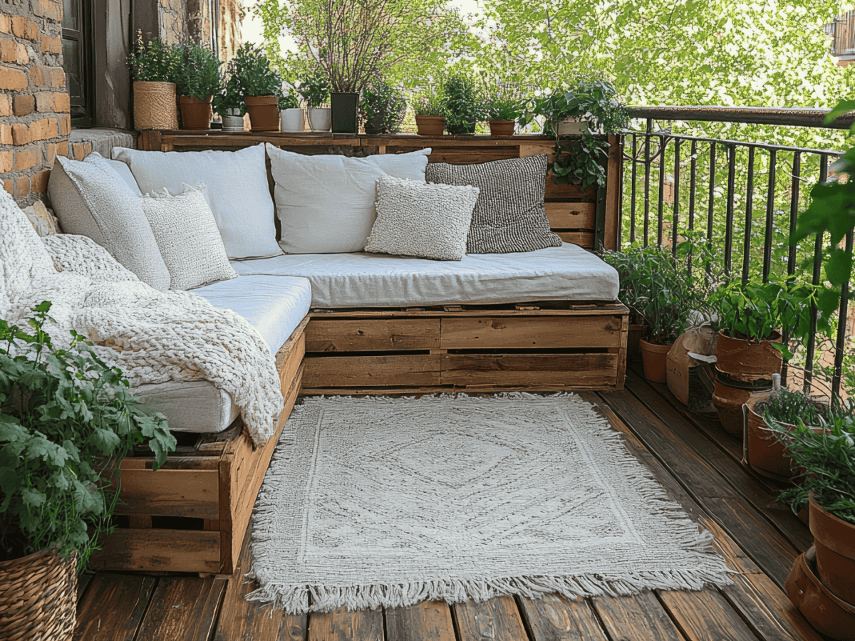 Gem&uuml;tlicher Balkon mit Outdoorteppich in der Mitte.