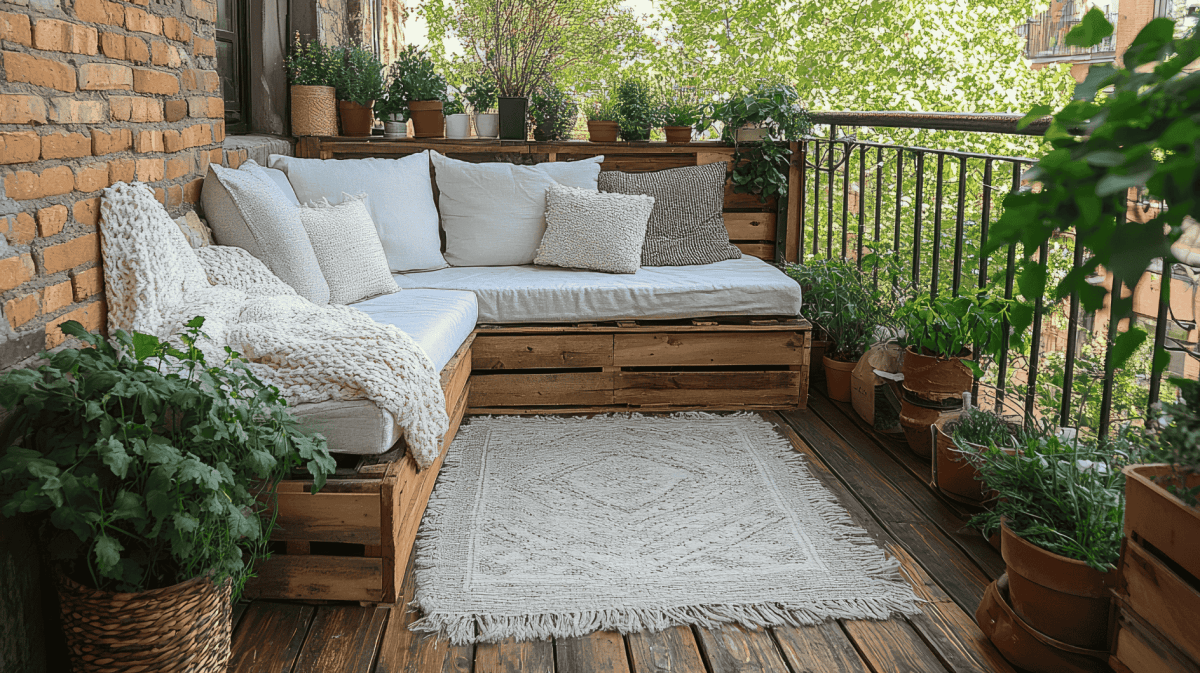 Gemütlicher Balkon mit Outdoorteppich in der Mitte.