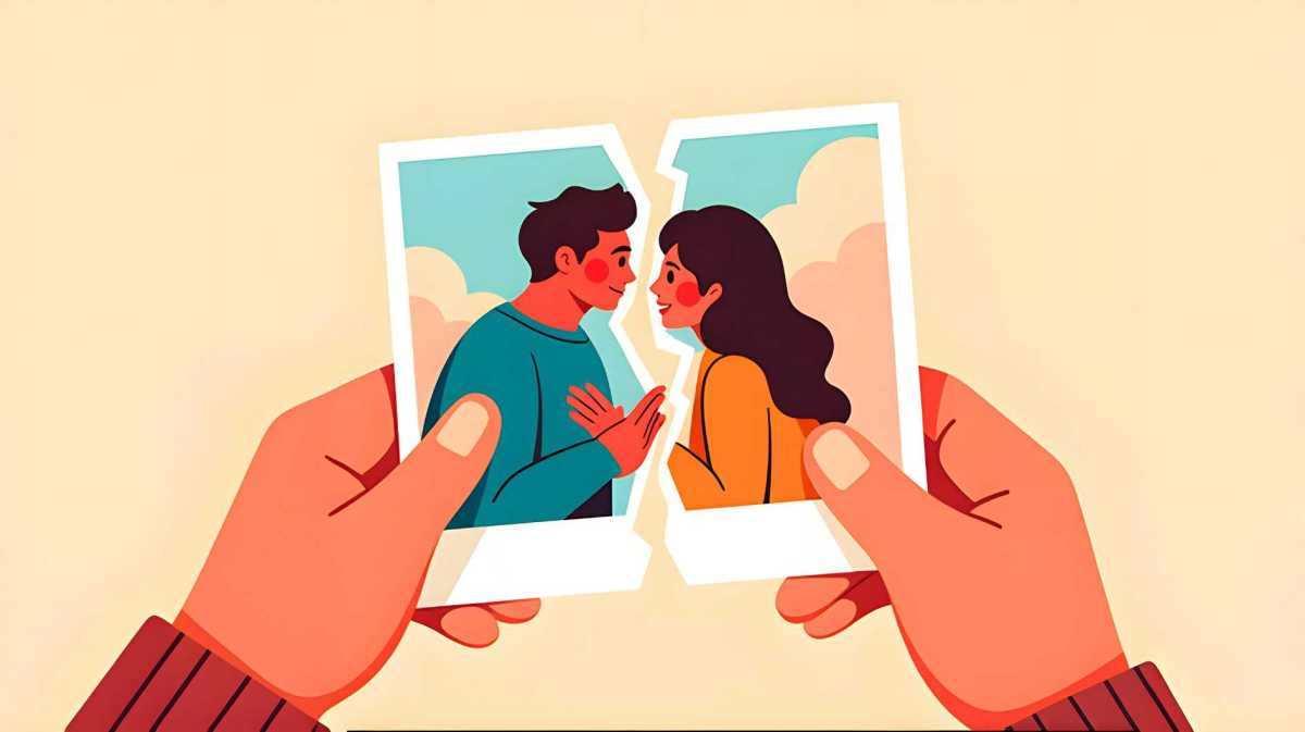 Eine Illustration zeigt die Hände einer Person, die ein zerrissenes Foto eines Paares festhält.