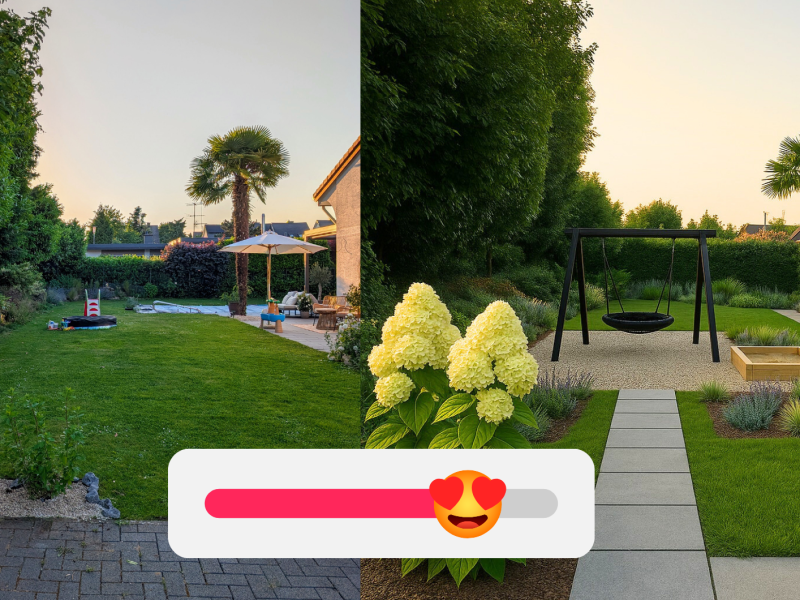 Gartenplanung mit ChatGPT: links Foto, rechts Visualisierung