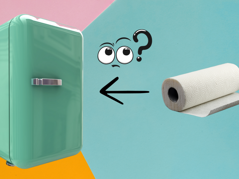 Ein grüner Kühlschrank und eine Küchenrolle vor buntem Hintergrund