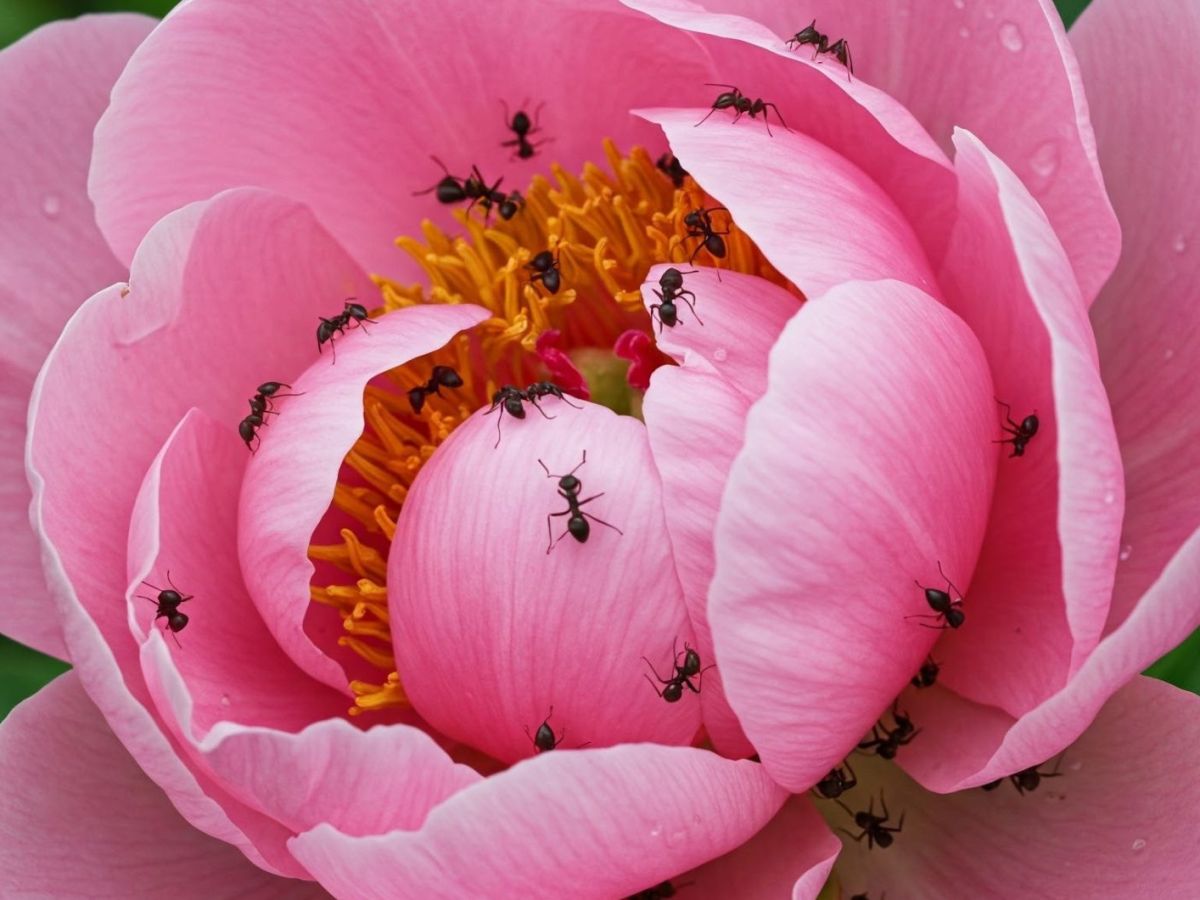 Rosa Pfingstrose mit Ameisen