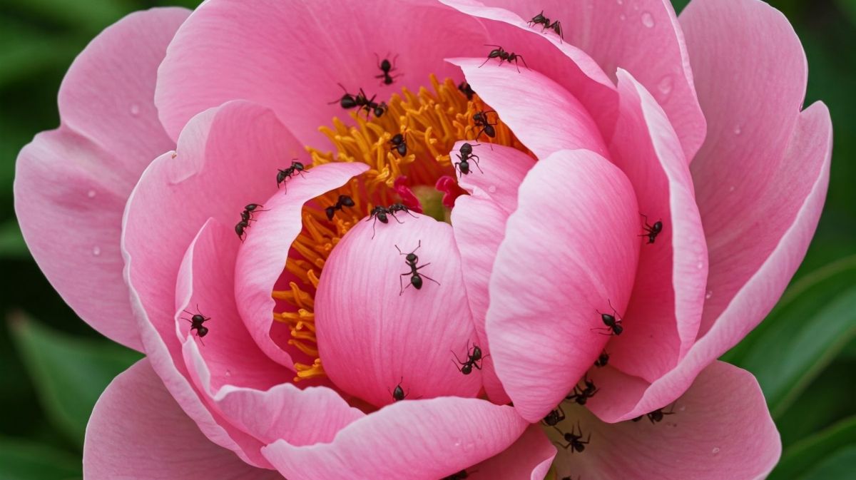 Rosa Pfingstrose mit Ameisen