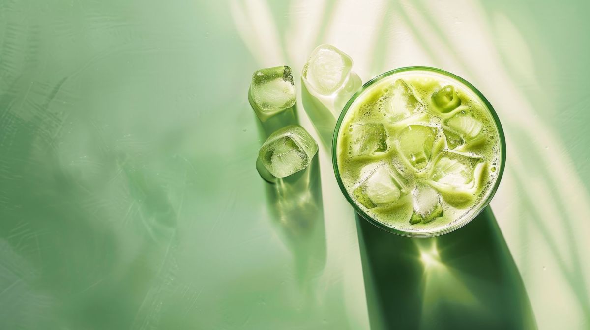 Glas mit Iced Matcha Latte