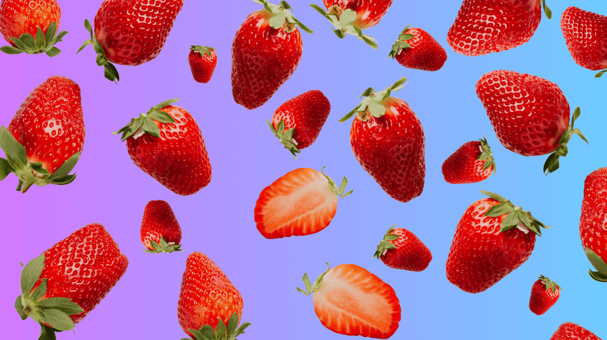 Bunter Hintergrund mit Verlauf, zu sehen sind viele rote frische Erbeeren