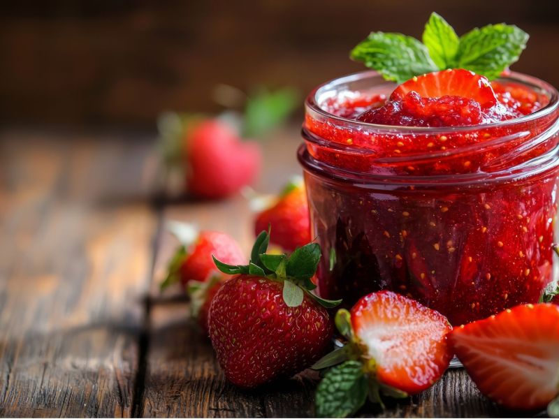 Erdbeermarmelade im Glas auf Holztisch