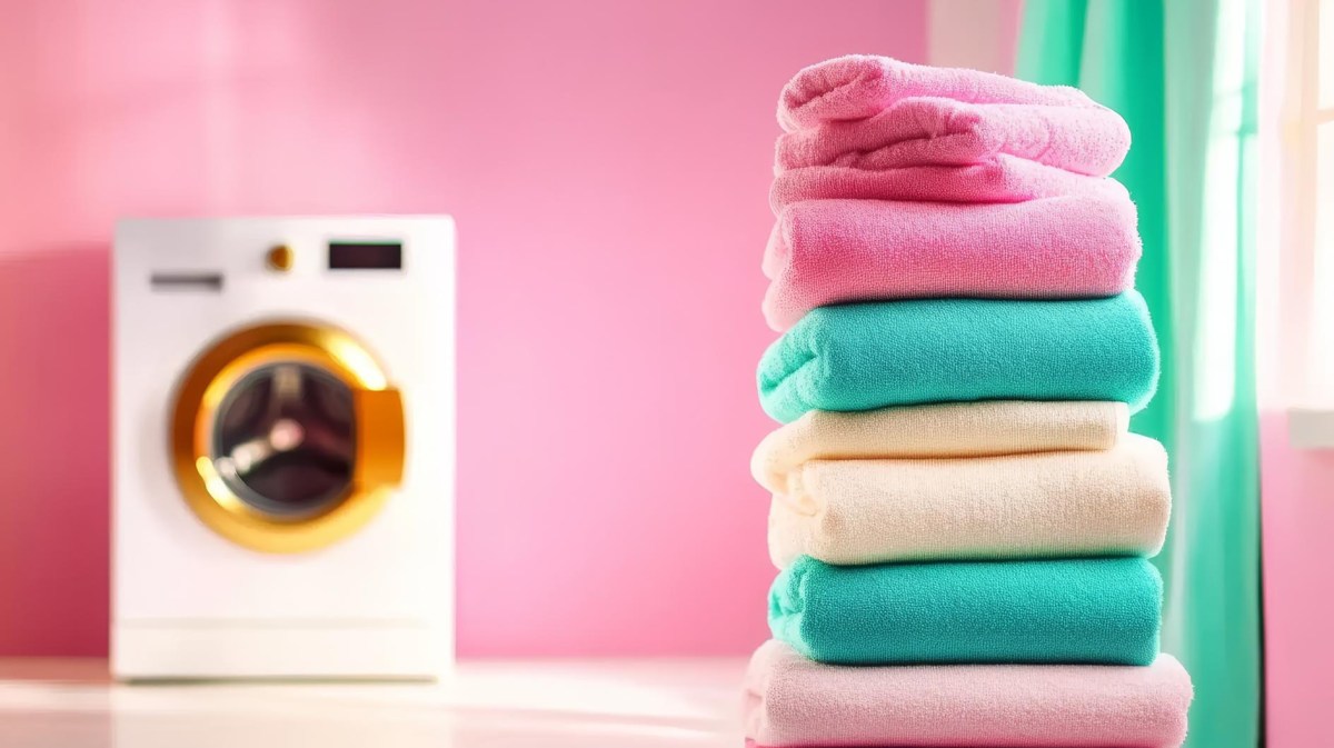 Waschmaschine vor pinker Wand mit bunten Handtüchern, die davor liegen