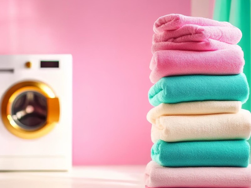 Waschmaschine vor pinker Wand mit bunten Handtüchern, die davor liegen