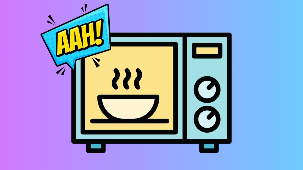 Zeichnung einer Mikrowelle vor buntem Hintergrund mit einer Sprechblase, in der "Aah!" steht.