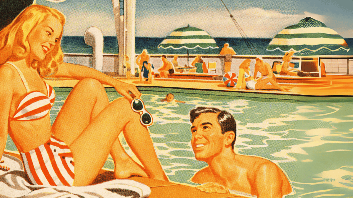 Vintage Bild von einer Frau, die am Pool sitzt und ein Mann spricht sie an.