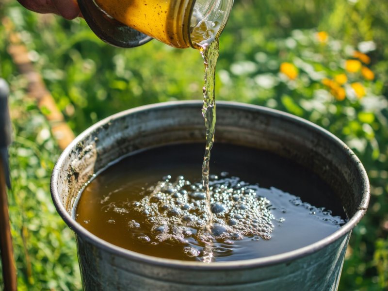 Eimer mit Urin als Dünger im Garten