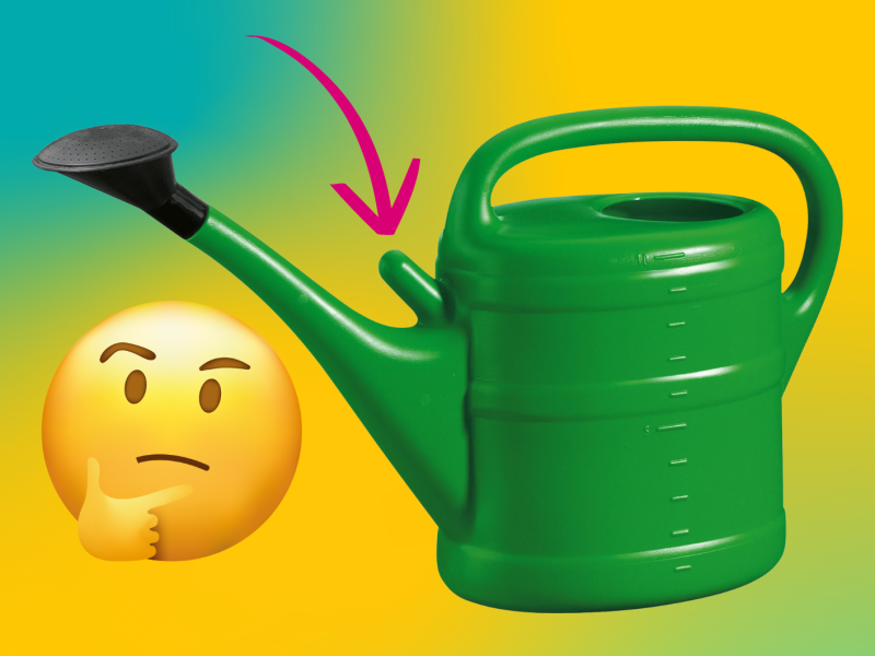 grüne Gießkanne mit nachdenkendem Emoji vor grün-gelbem Hintergrund